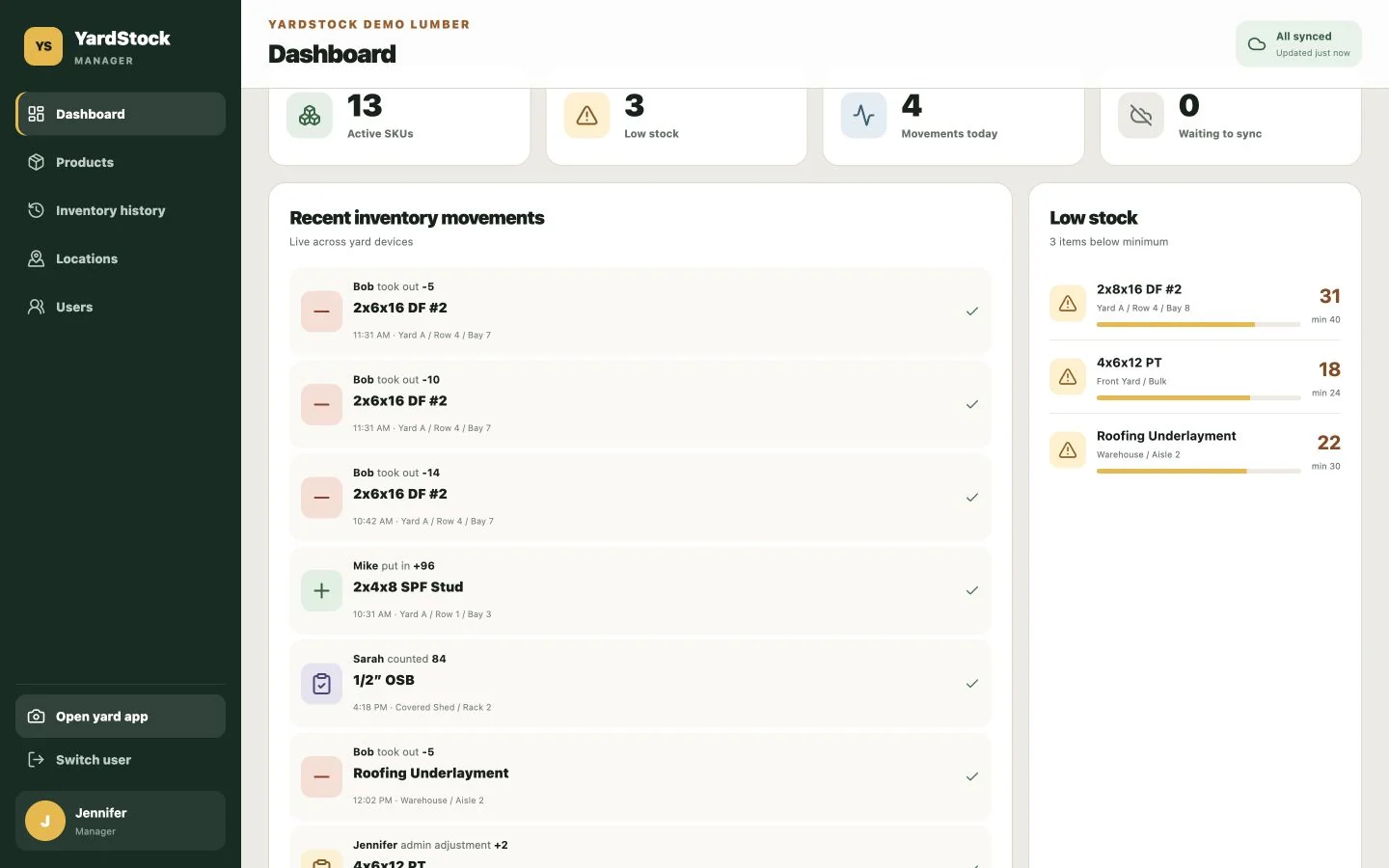 YardStock inventory dashboard showing stock levels, recent movements, and low-stock items